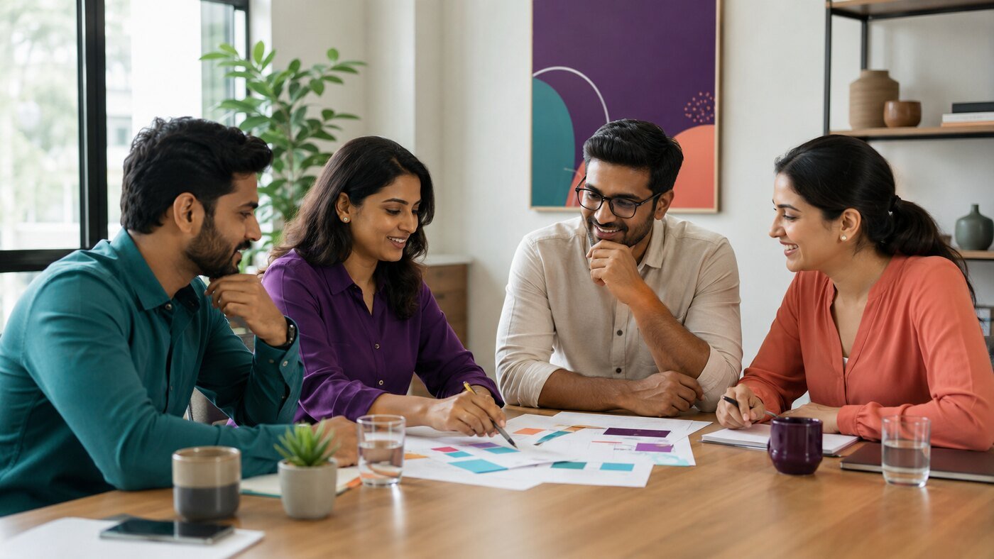 Business professionals discussing reports during a strategy meeting